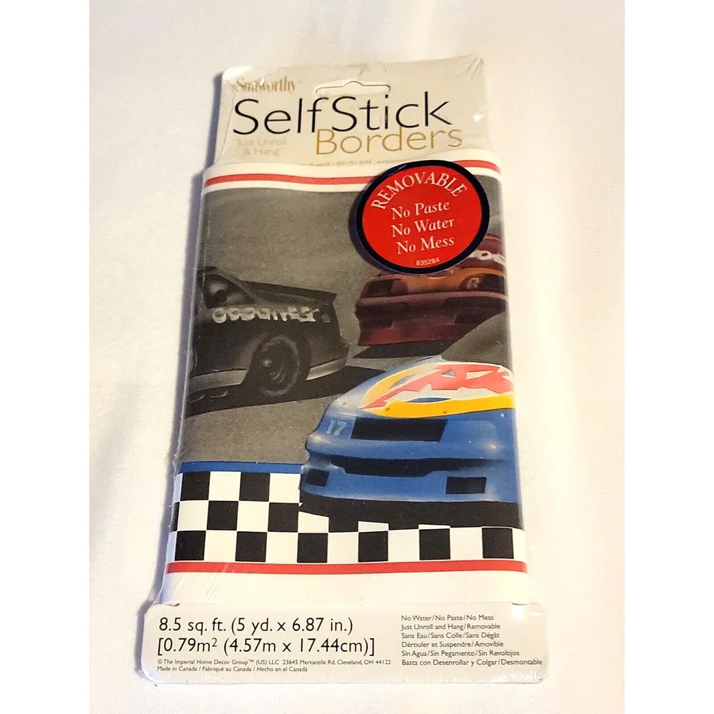 Sunworthy Self Strick Border Race Cars with Checker Flag 8.5 sq ft 5 yds x 6.78